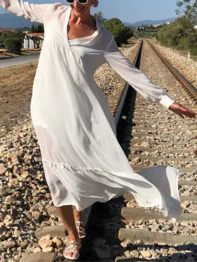 V-Neck Solid Color Long Sleeve Dress
