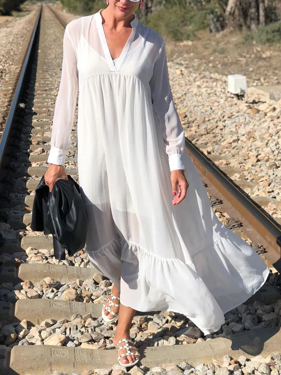 V-Neck Solid Color Long Sleeve Dress