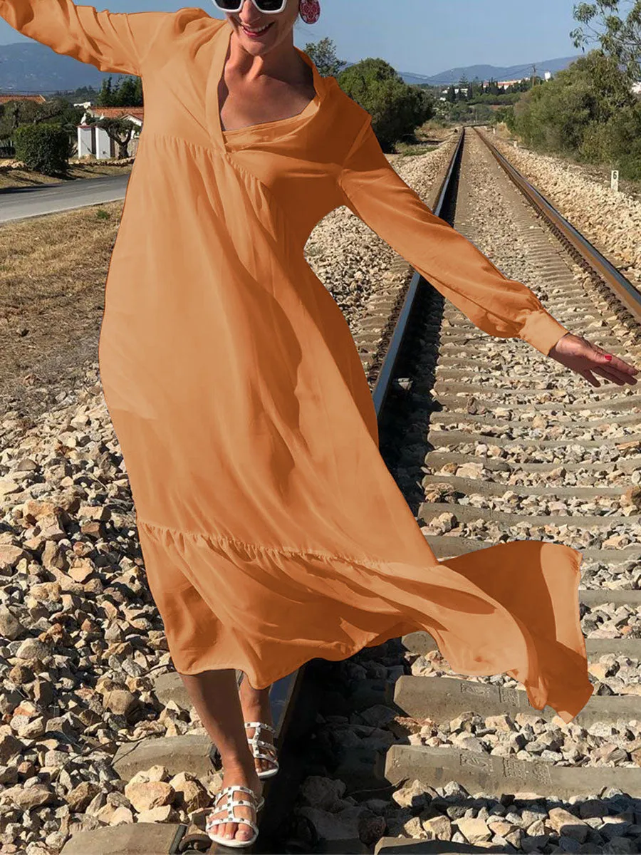 V-Neck Solid Color Long Sleeve Dress