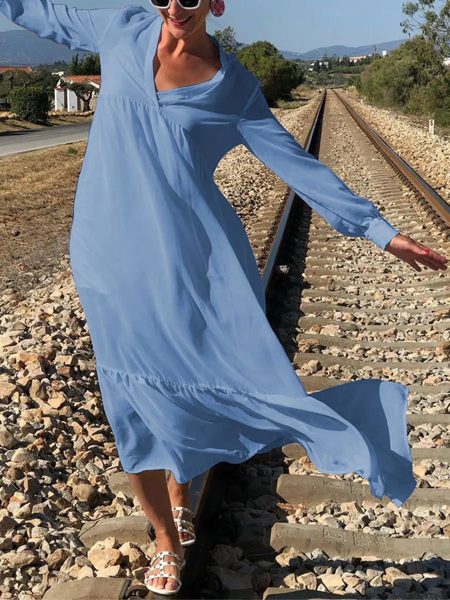 V-Neck Solid Color Long Sleeve Dress
