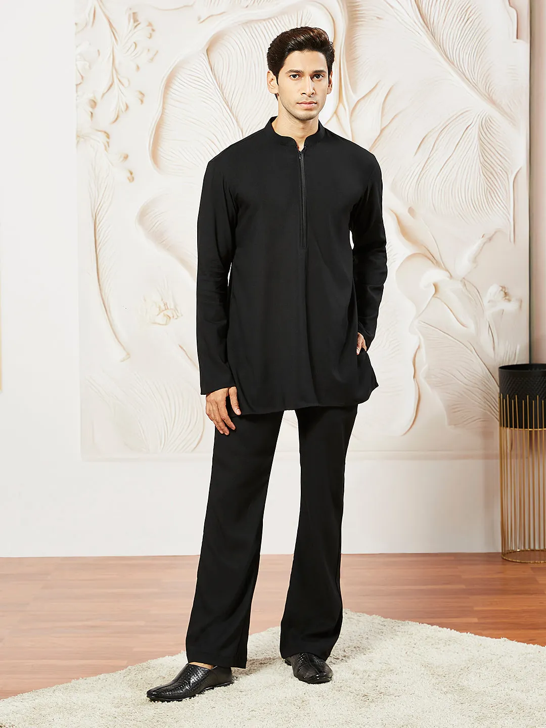 VASTRAMAY Men's Black Lycra Jacket,Kurta And Pant Set
