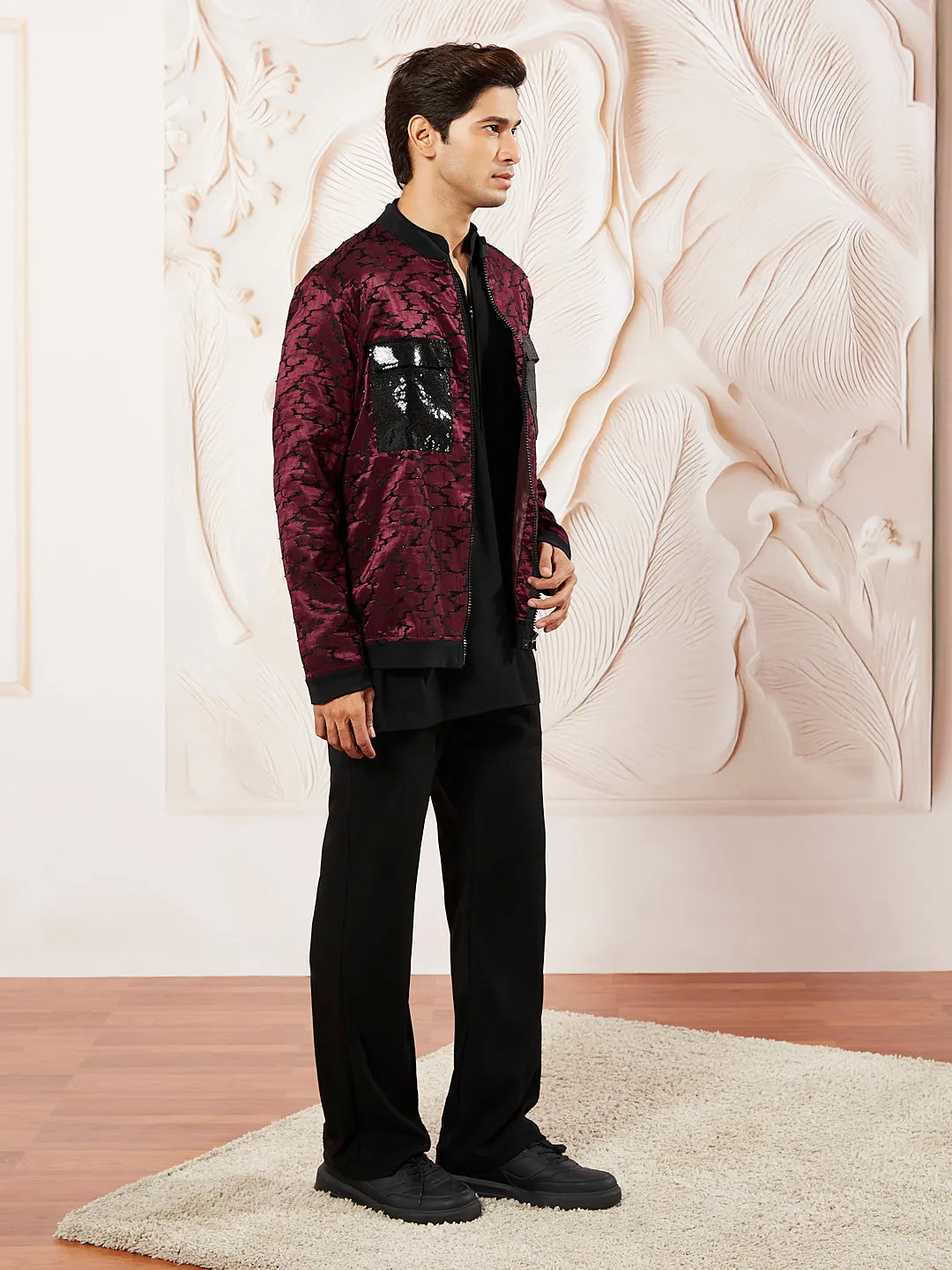 VASTRAMAY Men's Black Lycra Jacket,Kurta And Pant Set