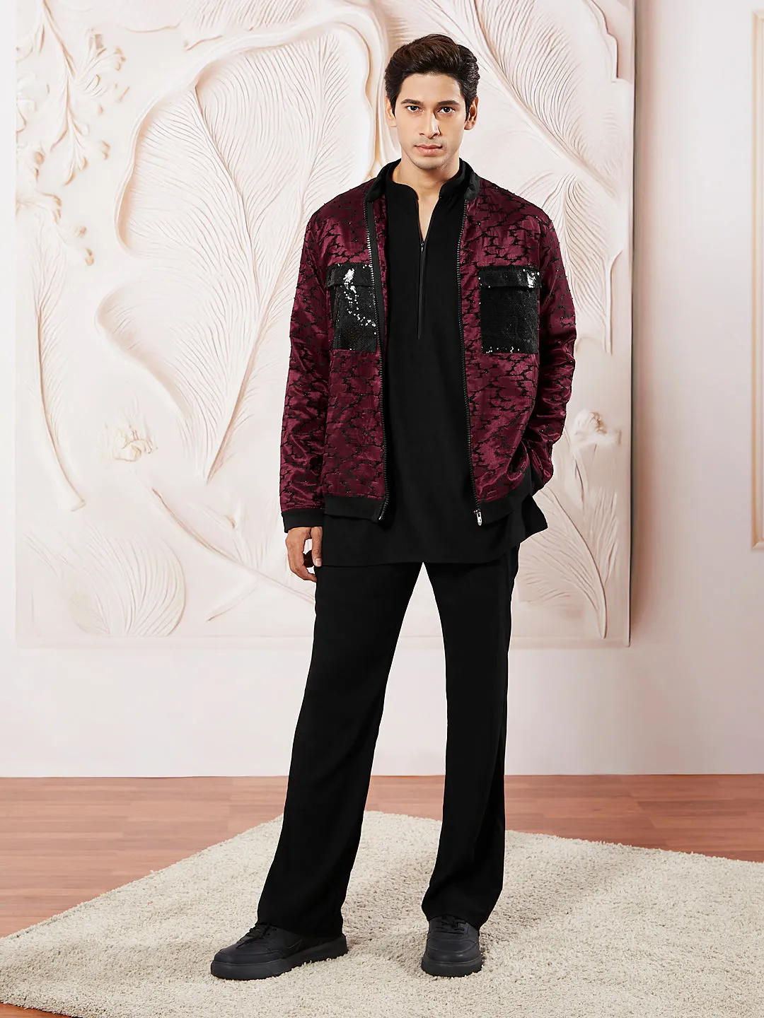 VASTRAMAY Men's Black Lycra Jacket,Kurta And Pant Set