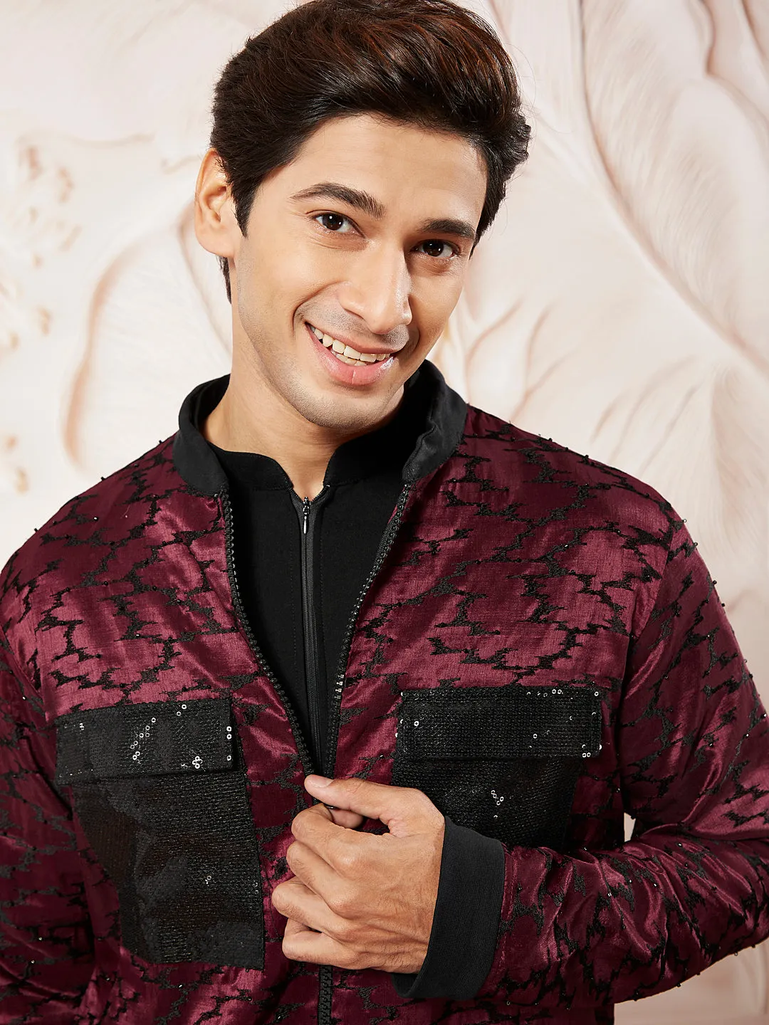 VASTRAMAY Men's Black Lycra Jacket,Kurta And Pant Set