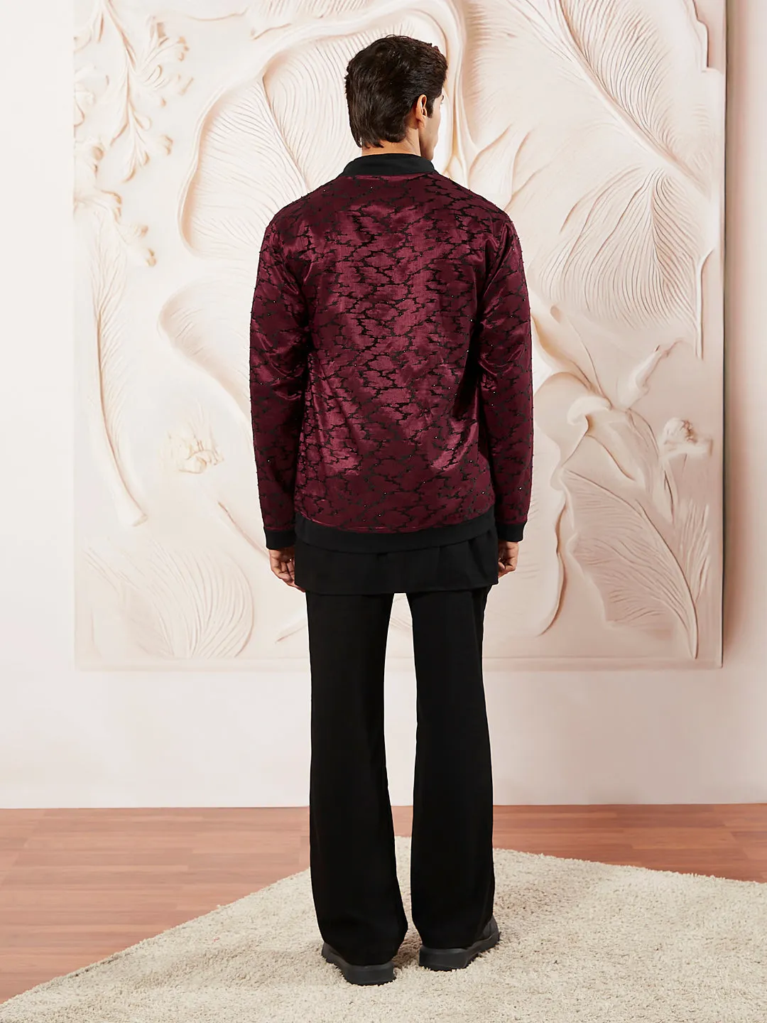 VASTRAMAY Men's Black Lycra Jacket,Kurta And Pant Set