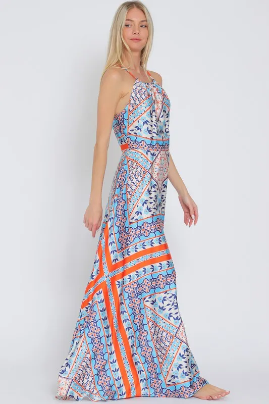 Waitlist 2/5 ♥ Lolisa Sleeveless Halter Cross Back Abstract Print Maxi Dress Blue