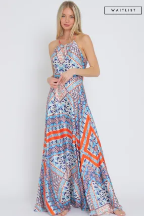 Waitlist 2/5 ♥ Lolisa Sleeveless Halter Cross Back Abstract Print Maxi Dress Blue