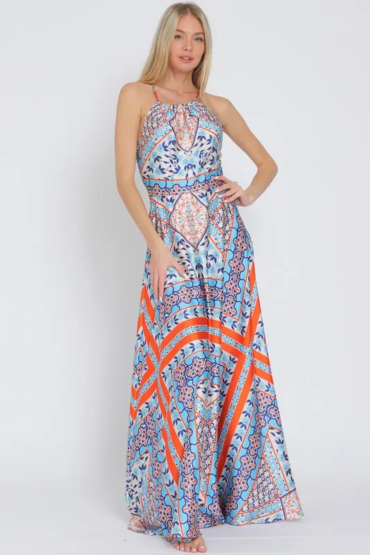Waitlist 2/5 ♥ Lolisa Sleeveless Halter Cross Back Abstract Print Maxi Dress Blue