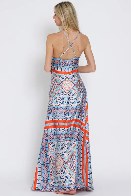 Waitlist 2/5 ♥ Lolisa Sleeveless Halter Cross Back Abstract Print Maxi Dress Blue