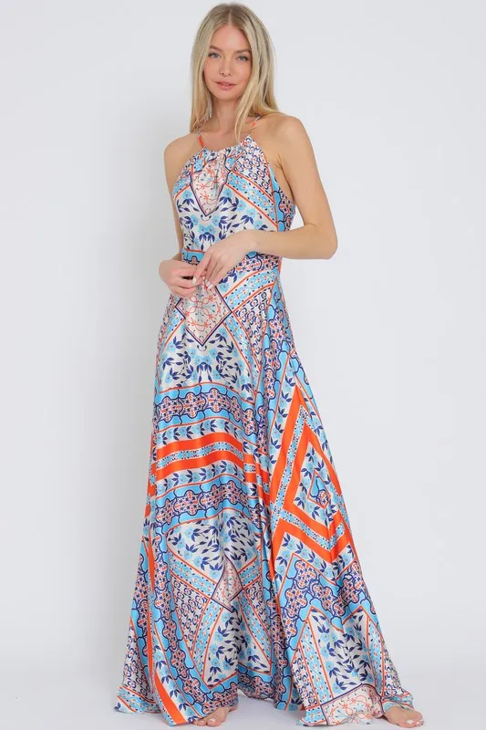 Waitlist 2/5 ♥ Lolisa Sleeveless Halter Cross Back Abstract Print Maxi Dress Blue