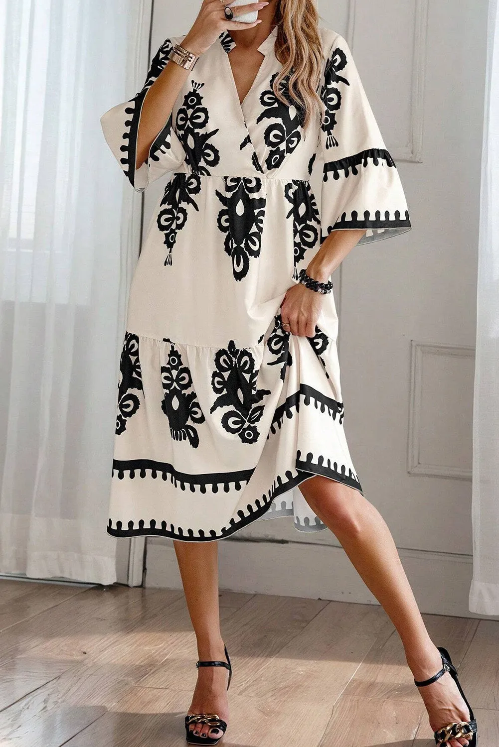 Western Geometric 3/4 Sleeve Midi Dress