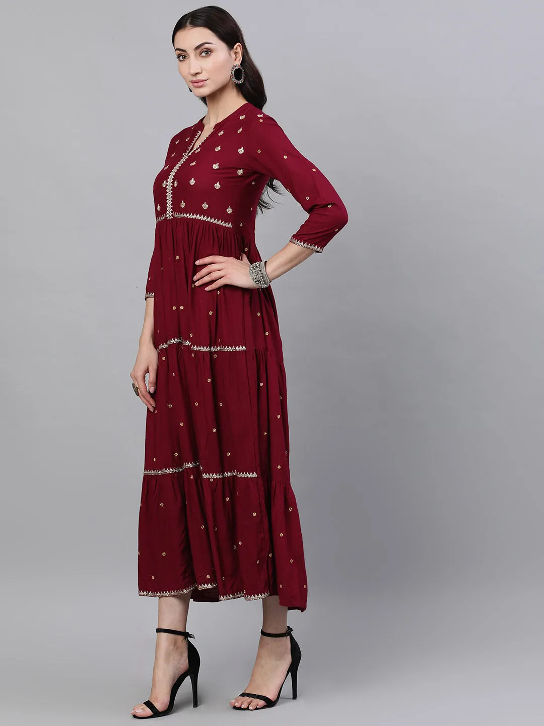 Women Maroon Solid Embroidered Mandarin Collar Viscose Rayon Maxi Dress With Dupatta