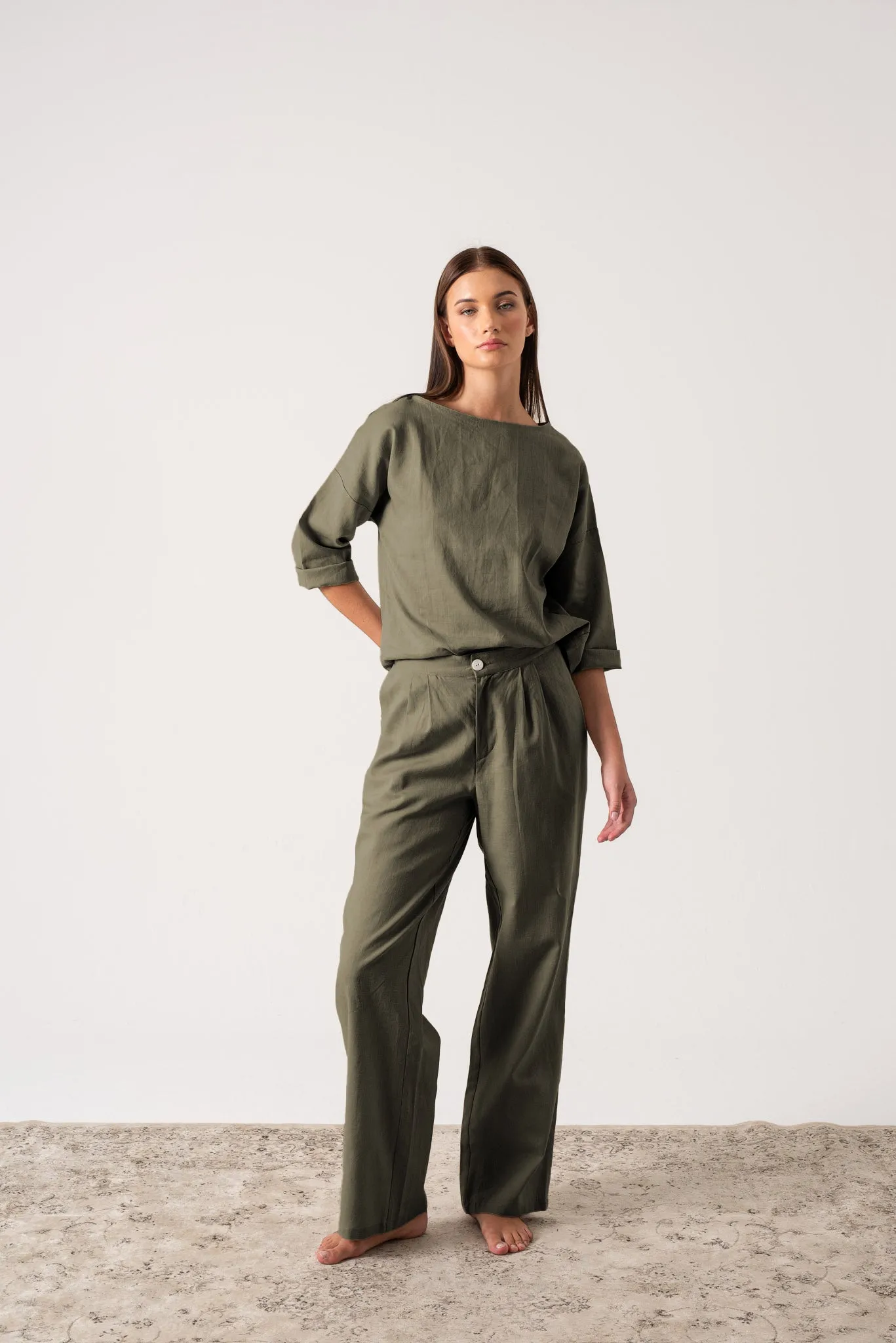 Xanthe Linen Top Khaki