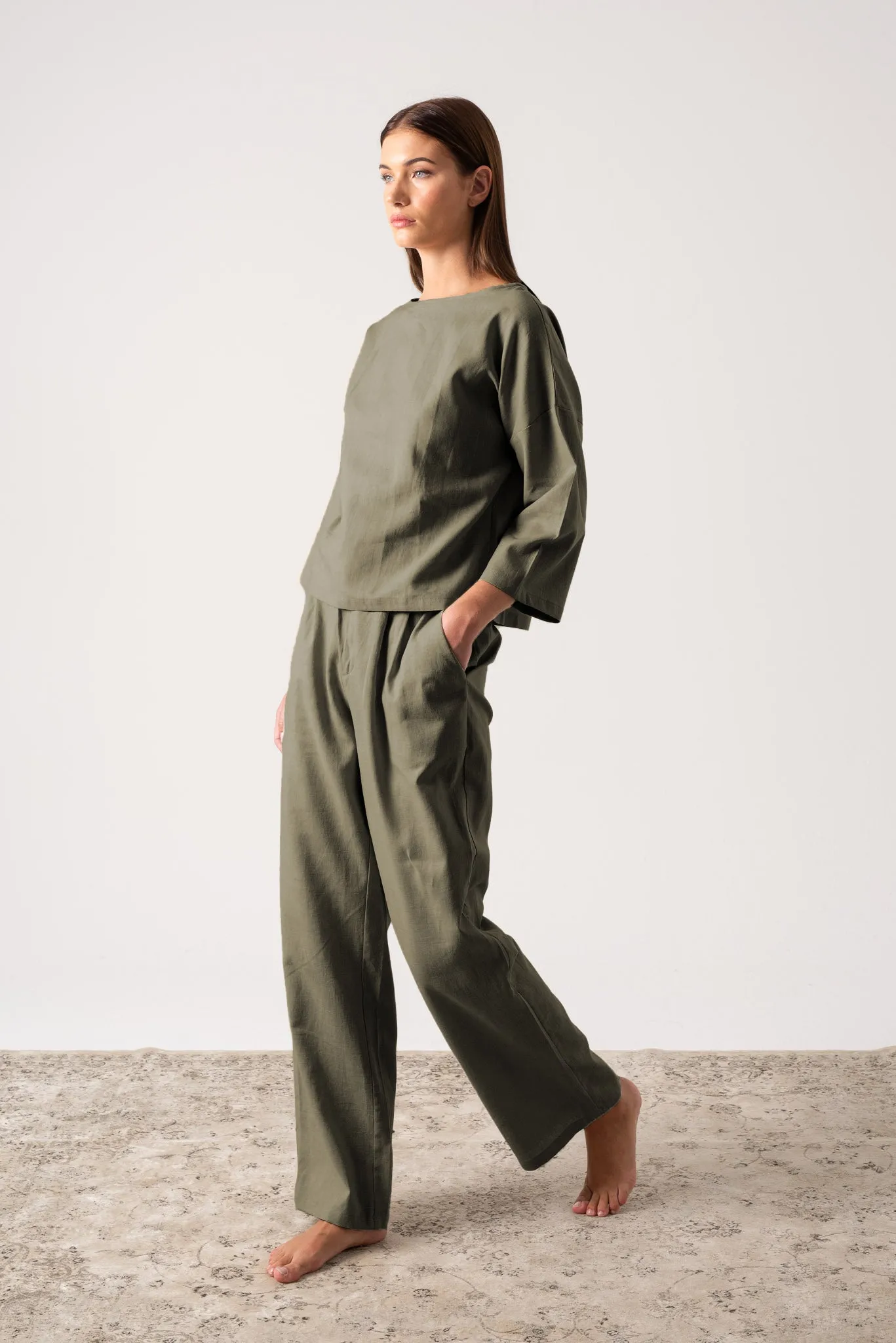Xanthe Linen Top Khaki