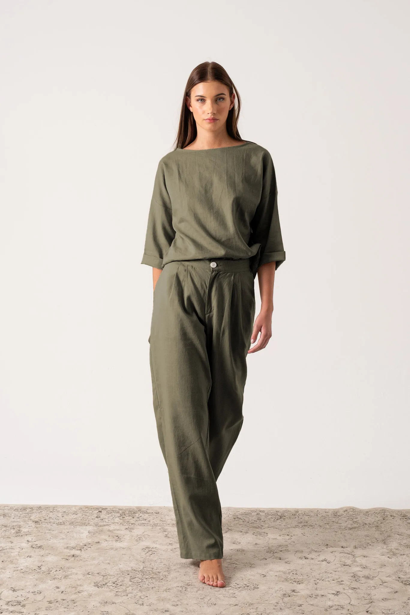 Xanthe Linen Top Khaki